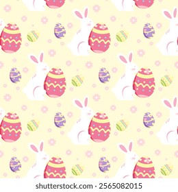 A seamless pattern featuring a cute white rabbit holding a pastel pink egg, perfect for gift wrap and fabric designs with a festive Easter theme. - Powered by Shutterstock