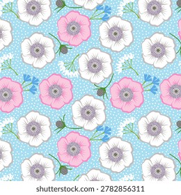 A seamless pattern featuring delicate anemone flowers scattered across a light blue background. The flowers are depicted in two main color variations: soft pink and white, with each bloom showcasing a cluster of dark purple stamens at its center. Thin green stems and leaves connect some of the flowers, and small clusters of tiny blue flowers and feathery green foliage are interspersed throughout the pattern, adding depth and texture.