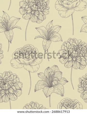 A seamless pattern featuring hand-drawn botanical illustrations of various flowers, including lilies, dahlias, or peonies. The style is reminiscent of vintage engravings.