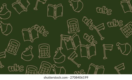 A seamless pattern featuring hand-drawn education icons on a green background, perfect for back-to-school designs and educational materials.