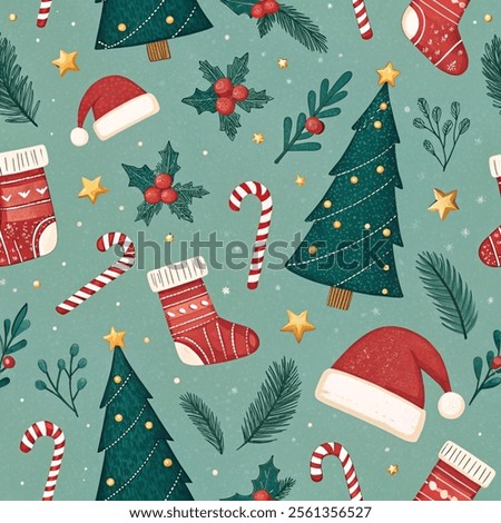 A seamless pattern featuring iconic Christmas elements like Santa hats, candy canes, stockings, and Christmas trees. The color palette includes vibrant reds, greens, and whites, with gold accents for 