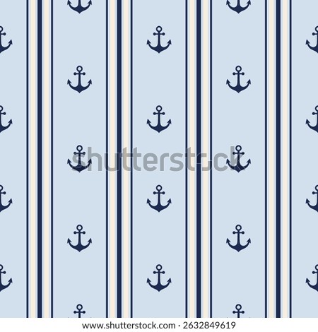 Seamless pattern featuring navy anchors and vertical stripes on a baby blue background. Nautical-themed design ideal for fabrics, wallpapers, and coastal decor projects.