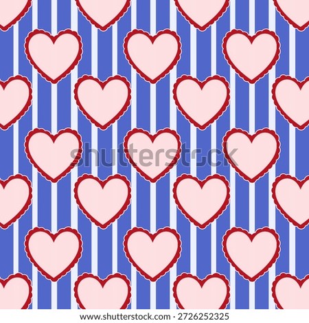 A seamless pattern featuring numerous light pink hearts with red scalloped borders arranged on a background of alternating vertical blue and white stripes, creating a cheerful and romantic design.