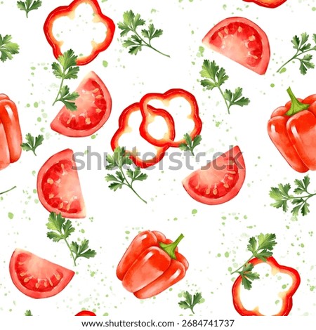 Seamless pattern featuring red bell peppers, tomato slices, pepper rings, and parsley on white background with green splatter. Design for Italian cuisine menus, recipe cards, or kitchen textiles.