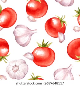 Seamless pattern featuring red tomatoes and garlic bulbs with cloves scattered on white background. Design is perfect for food packaging, Italian restaurant decor, kitchen textile, or digital paper