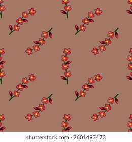A seamless pattern featuring red and yellow flowers on a brown background. The design showcases floral elements arranged in a balanced manner, ideal for textiles or wallpapers.