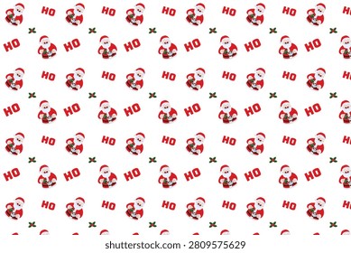 Seamless pattern featuring Santa Claus with coffee cup, HO HO HO text lettering, and red poinsettia flowers, Christmas holiday design, repeating background isolated on white.