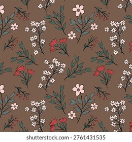 A seamless pattern featuring small, delicate white and pink flowers with dark green leaves and occasional red berries scattered across a muted brown background. 