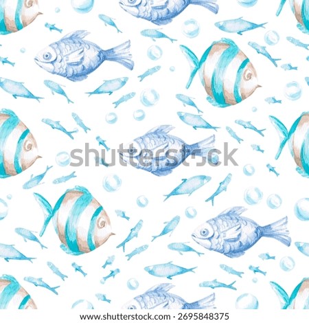 A seamless pattern featuring stylized large and small fish and bubbles. Watercolor illustration in a childish style for the design of children's rooms, pools, play areas, and printing on clothing