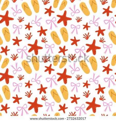 Seamless pattern featuring summer vacation elements: yellow flip flops, bright red starfishes, delicate pink bows, and sea coral. Hand-drawn flat style on a white background. Perfect for beachwear, textile design, wrapping paper, and summer-themed backgrounds.