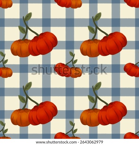 seamless pattern featuring two handrawn orange pumkins with green leaves, set againtst a soft blue and cream gingham background 