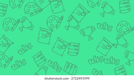 A seamless pattern featuring various art supplies on a green background, ideal for creative projects, educational materials, and artistic designs.