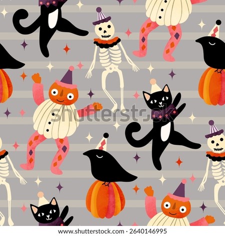 Seamless pattern featuring vintage Halloween characters including black cats skeletons pumpkins clowns and crows in a fun spooky retro style for kids apparel and holiday party themes