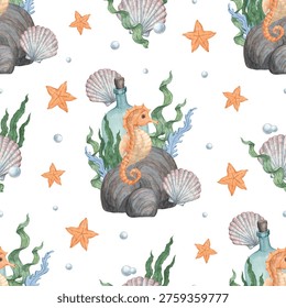 A seamless pattern featuring a watercolor image of a seahorse, a seabed dweller. The design also features shells, seaweed, and seabed treasures. Ideal for packaging bath and shower products, children's cosmetics, beauty brands, and textiles.