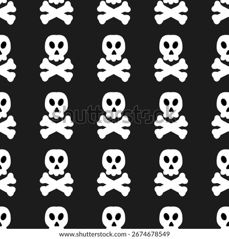 Seamless pattern featuring white skull and crossbones on a black background, perfect for pirate themes, Halloween, or danger warnings. A classic symbol of mortality and adventure.