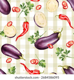 Seamless pattern featuring whole eggplants, eggplant slices, red chili peppers, and fresh parsley over light checkered background. Design for kitchen textiles, food packaging, or spicy sauce labels