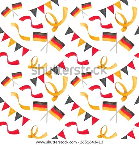 Seamless pattern with festive elements of German symbols. Flags, ribbons and festive garlands in red, yellow and dark colors. Hand painted with watercolors on a white background.