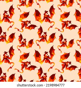 Seamless Pattern With Fiery Dragons On A Beige Background. Bright, Bold, Daring Design. Use For Printing Wrapping Paper, Wallpaper, Card Design, Halloween Invitations.