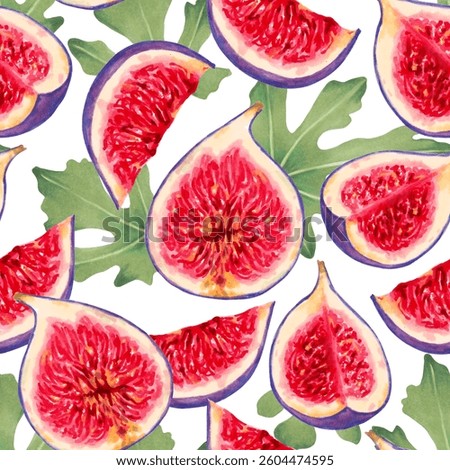 Seamless pattern of fig slices with red flesh and leaves. Botanical illustration with watercolor and markers. Hand drawn isolated art. Tropical berries background. For textile, fabric, wallpaper.
