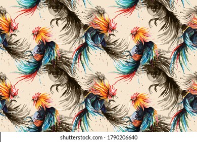 Seamless pattern fighting cock painted with watercolor.Facing encounter between two rooster for designing fabric patterns and wallpapers.Chicken big cock illustration.Zodiac symbol.