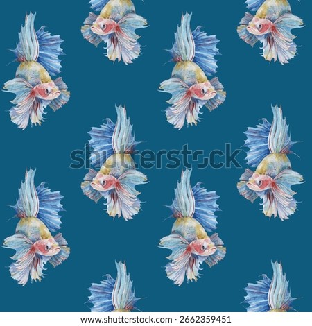 Seamless pattern with fighting Siamese fish betta splendens textured painted watercolor on a sea green turquoise background by hand, featuring vibrant colors and intricate details. This artwork