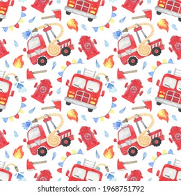 Seamless Pattern Fire Department and Fire truck watercolor. Fire equipment, funny cars illustration print. Red truck, attention. Red truck background. For digital paper, textile, fabric, wallpaper	