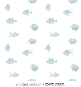 Seamless Pattern with fish silhouettes in soft watercolor shades. Drawing of school for marine design, wrapping paper or textile design. Ornament with nautical animals for wallpaper or fabric.