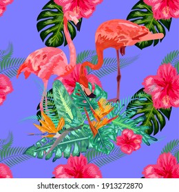 Seamless pattern of flamingos in love among the palm, flovers