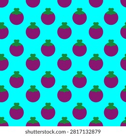 Seamless pattern of flat mangosteen fruit illustrations on a vibrant cyan background.