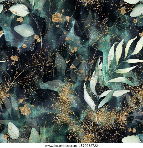 Seamless pattern. Floral branch on gold, dark, navy, purple, emerald, green and turquoise watercolor texture design. Rough brush stroke. Illustration. Liquid, water, fluid, cloud. 