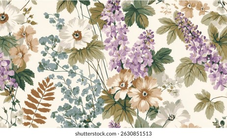 Seamless pattern Floral composition Leafy design Warm tones Muted palette