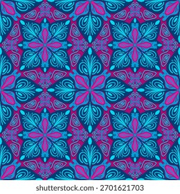 seamless pattern with floral elements,pink,blue curves ,painted create to flowershape, leaves,red background in geometric patterns as sarong,fabric,tile,printed fabric,batik,tablecloth patterns.