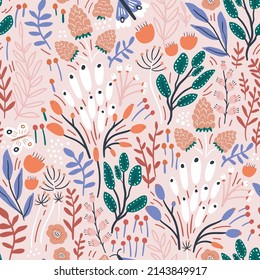 Seamless Pattern With Flowers, Blueberry And Leaves, Rasberry. Creative Hight Detailed Floral Texture. Great For Fabric, Textile 
