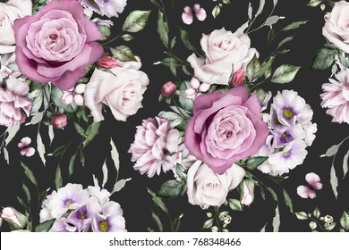 Seamless pattern with flowers and exotic leaves on black background.  floral pattern for wallpaper or fabric. Flower rose and peonies. Botanic Tile.