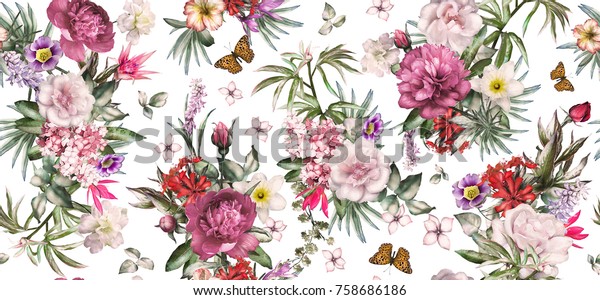 Seamless pattern with flowers and exotic leaves on white background. floral pattern for wallpaper or fabric. Flower rose and peonies. Botanic Tile.