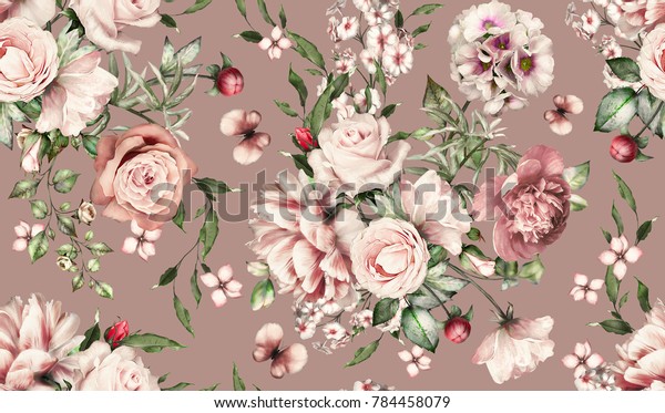 Seamless pattern with flowers and exotic leaves. Hand drawn background. floral pattern for wallpaper or fabric. Flower rose and peonies. Botanic Tile.