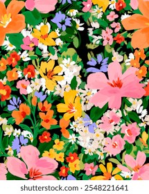 Seamless pattern of Flowers and leaves composition with spring explosion of colors. Colorful floral elements fabric texture all over on black color background.