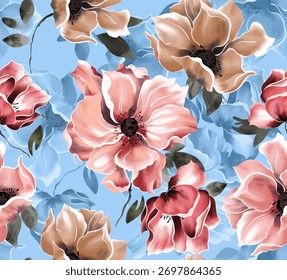Seamless pattern of Flowers and leaves effect illustration. Fabric texture repeated, floral with leaves natural. Fabric texture repeated. Sky blue color background. 