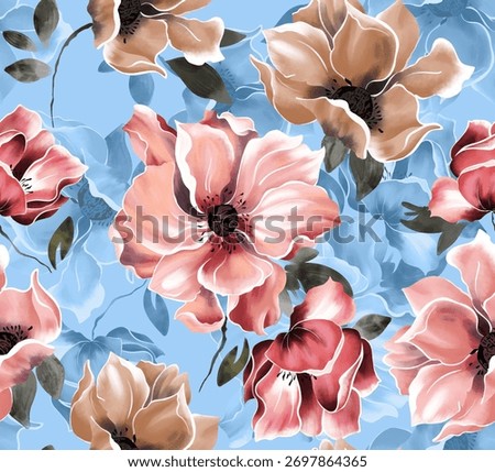 Seamless pattern of Flowers and leaves effect illustration. Fabric texture repeated, floral with leaves natural. Fabric texture repeated. Sky blue color background. 