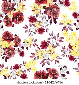 Seamless Pattern With Flowers And Leaves. Floral Pattern For Wallpaper, Paper And Fabric. Watercolor Hand Drawing. Maroon Roses And Yellow Flowers