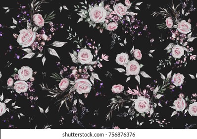 Seamless Pattern With Flowers And Leaves On Black Background. Oil Painting On Canvas Floral Pattern, Flower Rose. Tile For Wallpaper Or Fabric.