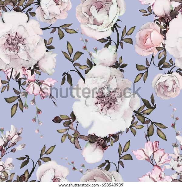 蓝色背景上的花朵和叶子无缝图案 水彩花卉图案 柔和的颜色花朵玫瑰 瓷砖壁纸 卡片或织物库存插图