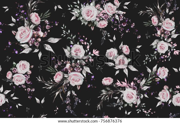 黒い背景にシームレスな模様と花と葉 キャンバス花柄に油絵 花バラ 壁紙または布地のタイル のイラスト素材