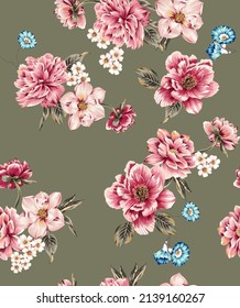 seamless pattern flowers and leaves vintage illustration. Fabric motif texture repeated endless all over. Floral peony, magnolia. daisy, small bouquet and leaves on military green background.