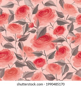 Seamless pattern with flowers of pink roses and leaves on a gently pink background. Oil painting floral pattern. Botanical illustration. Flower background for packaging, textiles, and fabric design.