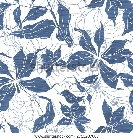 seamless pattern with flowers textured pattern with outlined plants in the background, light blue elegant arrangement