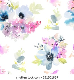 Seamless Pattern With Flowers Watercolor. Gentle Colors. Female Pattern. Handmade.