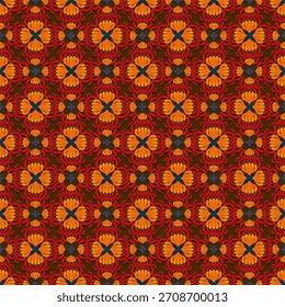 seamless pattern with flowers,red, blue, orange curves ,painted create to flowershape, leaves, brown background in geometric patterns as sarong,fabric,tile,printed fabric,batik,tablecloth patterns.