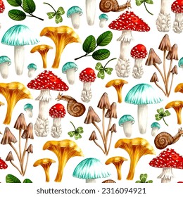 Seamless pattern of Fly Agaric, Toadstool, Russula and Chanterelle mushrooms, clover, leaves and snails on white, hand drawn marker illustration. For wallpapers, wrapping paper, textile, fabric etc.