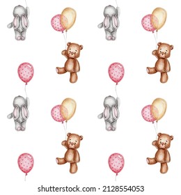 Seamless pattern with flying bunny, teddy bear and balloons; watercolor hand drawn illustration; with white isolated background